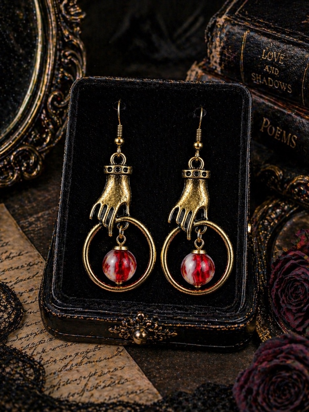 Gold Hand Dangle Earrings Red Glass Drop 2.5” Gothic Jewelry 925 Hooks NWT